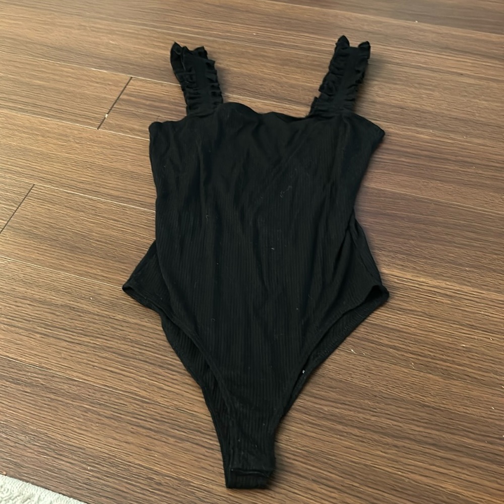 Aqua black body suit with ruffled straps